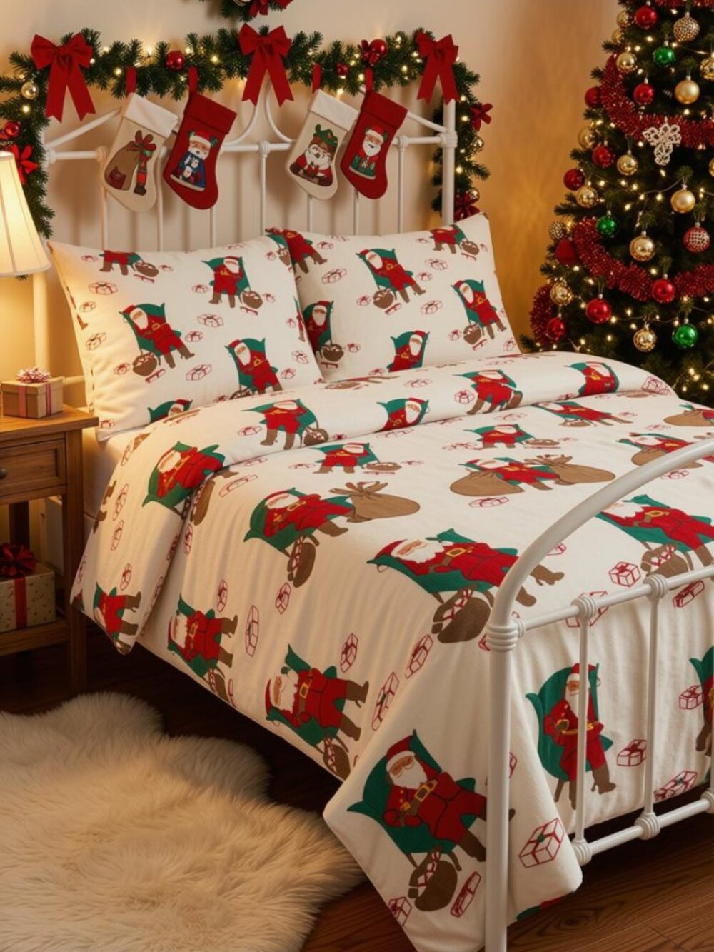 Vintage Sweet Dreams 1990s Sleeping Santa Flannel Sheet Set Full NWT